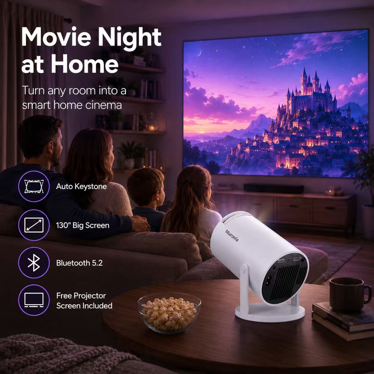 Hy300pro+ Projector, 290 Ansi Lumens, Dual Wifi6, 0.8:1 Short Throw Ratio, Native 1280x720p, Bluetooth-compatible 5.4, Android 14, Portable Home Cinema
